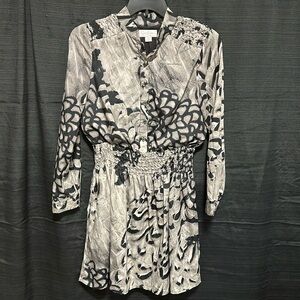 Jessica Simpson Dress GrayBlack Animal Print Long Sleeve‎ Smoked Waist Size 10